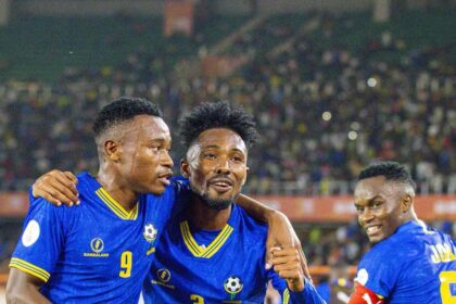 Tanzania players celebrate after goal against Burkina Faso